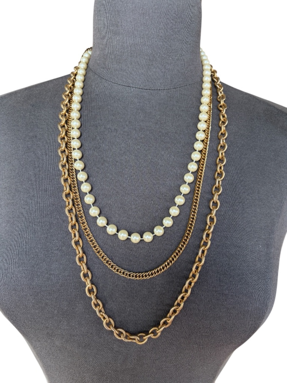 Vintage Triple Layer Goldtone Chains and Faux Pearl Necklace - 24-30” L
